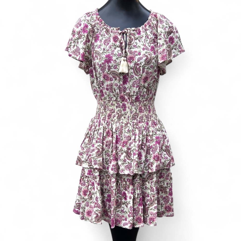 Patrons of Peace Floral and Paisley Mini Dress Tiered Ruffled Pink and Cream EUC